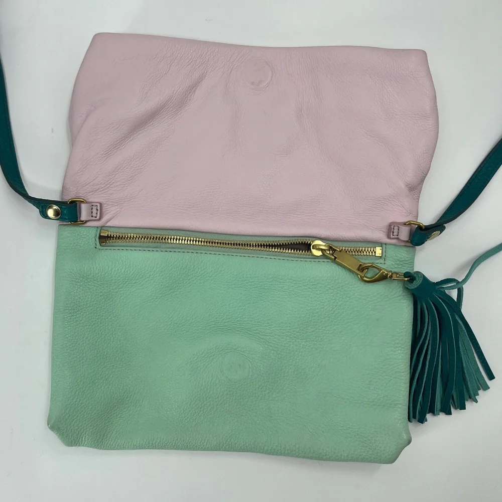 J Crew Leather Crossbody / Clutch with Pink & Green Color block and Fold Over - Picture 7 of 11